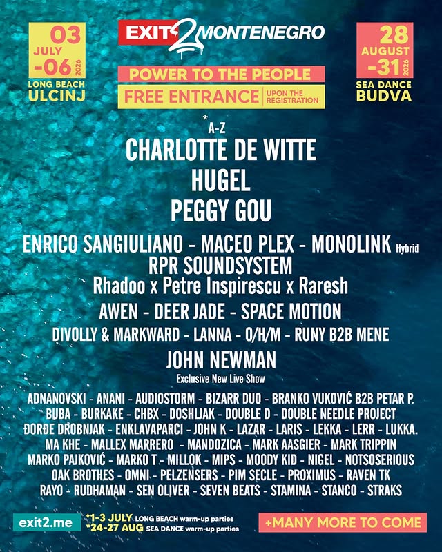 EXIT u Crnu Goru dovodi vodeće svetske zvezde – Peggy Gou, Charlotte de Witte, Hugel, i brojne regionalne zvezde – na dva velika festivala, potpuno besplatna za posetioce!