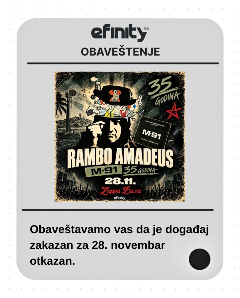 Otkazan koncert Ramba Amadeusa zakazan za 28. novembar u Zappa Bazi